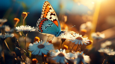Butterfly on daisy flowers in the meadow at sunsetの素材