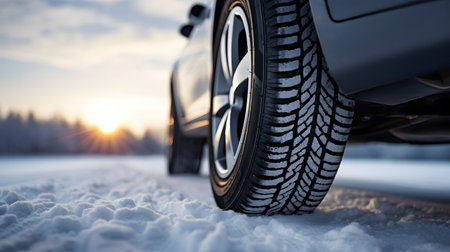 Winter tire. Close-up image of a car tires on the road in winter. Detail of car tires in winter on the road covered with snow.の素材