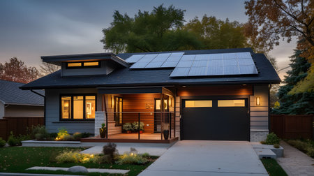 Modern house with solar panels installed on the roof. Alternative energy source.の素材