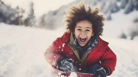 Cheerful little boy having fun on a sled in the snowの素材