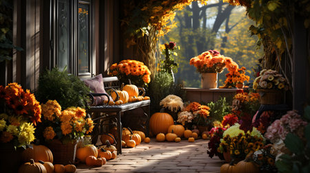 Beautiful autumn garden with pumpkins and flowers. Halloween decoration.の素材