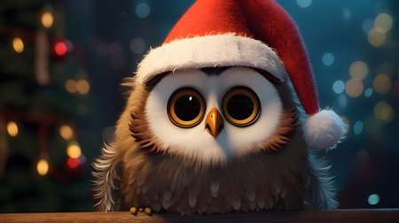 Owl in Santa Claus hat on the background of a Christmas treeの素材