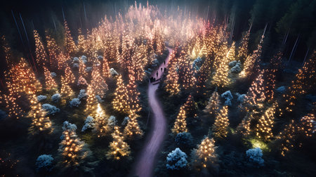 3d illustration of a forest with trees and lights in the nightの素材
