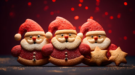 Christmas cookies with Santa Claus on a red background. Selective focus.の素材