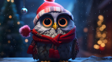 Owl in red scarf and hat with christmas tree in backgroundの素材