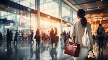 Back view of businesswoman with shopping bags at the airport terminal.の素材