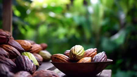 Bowl of fresh raw cocoa beans on wooden table with blurred backgroundの素材