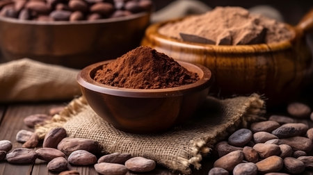 Cocoa powder in a bowl and cocoa beans on a wooden backgroundの素材