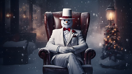 Merry Christmas and Happy New Year. Snowman in white suit and red bow tie sitting in an armchair.の素材