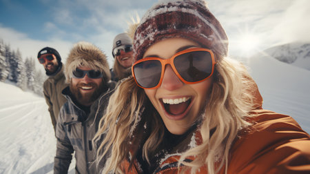 Group of friends having fun on the snow in the mountains. Winter holidays.の素材