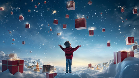 Cute kid boy with hands up against christmas background with christmas gifts falling from sky. 3d renderingの素材