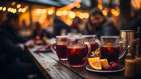 Mulled wine with orange and spices on a wooden table at a Christmas market.の素材
