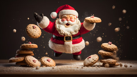 Cute Santa Claus flying in the air with cookies and falling white sugar on dark backgroundの素材