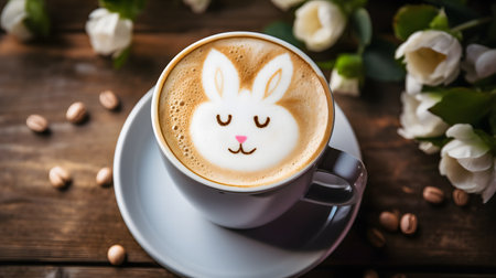 Cup of latte coffee with Easter bunny shape art on foam, top view. Easter and spring background.の素材