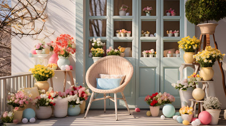 Vintage wicker chair and basket with beautiful spring flowers on the porch of the house.の素材