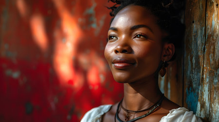 Portrait of a beautiful young african american woman in the countryside.の素材