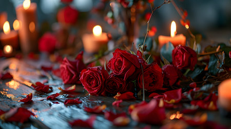 Beautiful red roses and candles on dark wooden table, closeupの素材