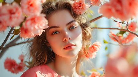 Beautiful young woman with pink flowers in her hair. Spring portraitの素材