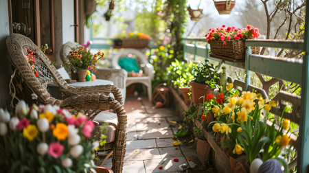 Colorful flowers in pots on the terrace of a cozy houseの素材