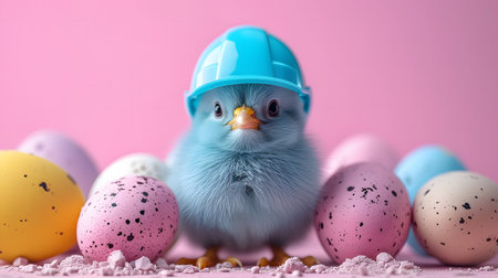 Easter chick in a blue safety helmet and colorful eggs on a pink backgroundの素材