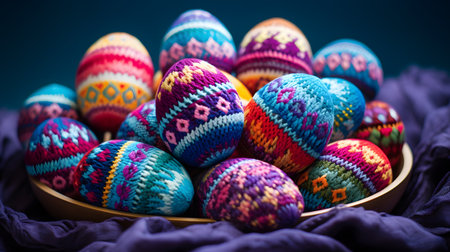 Colorful handmade knitted easter eggs in a basket on a blue backgroundの素材