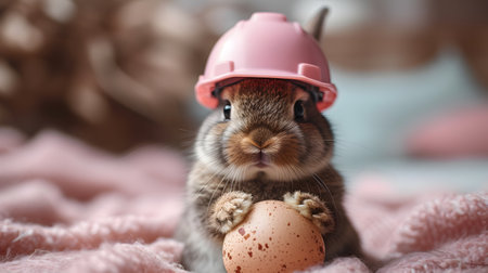 Cute little rabbit wearing pink safety helmet and holding easter eggの素材