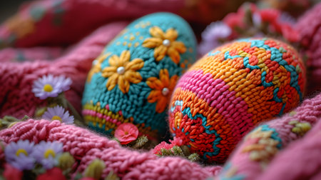 Handmade crocheted easter eggs on a knitted plaidの素材