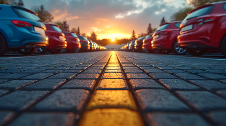 Parking lot with rows of parked cars at sunset, blurred backgroundの素材