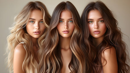 Three beautiful young women with long wavy hair. Beauty, fashion.の素材