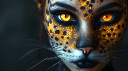 Close-up portrait of a beautiful leopard woman with creative make-up.の素材