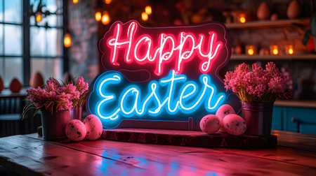 Happy Easter neon sign on a wooden table with flowers in a pot and easter eggs.の素材