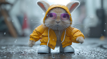 Funny rabbit wearing a yellow raincoat and sunglasses on rainy dayの素材