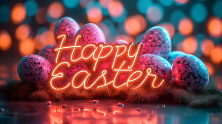 Happy Easter Neon lettering on bokeh background with easter eggs, 3D renderingの素材