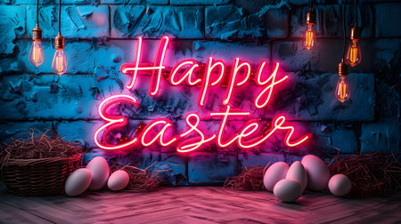 Happy Easter lettering in neon light on brick wall background. 3D renderingの素材