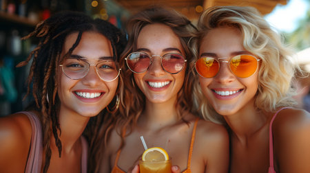 Close up of three smiling young women in sunglasses with cocktail in their handsの素材