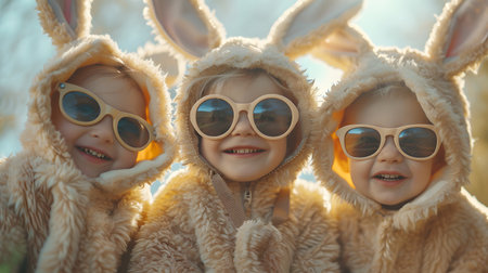 Two little girls in yellow fur coats and sunglasses on the background of a spring parkの素材