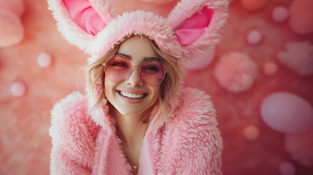 Funny bunny girl in a pink fur coat and pink glasses.の素材