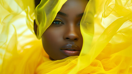 Beautiful african american woman in yellow cloth, closeupの素材