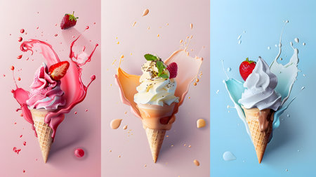 Colorful ice creams in waffle cones, 3d illustrationの素材