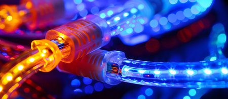 Fiber optic cable closeup with blue and red led lights.の素材