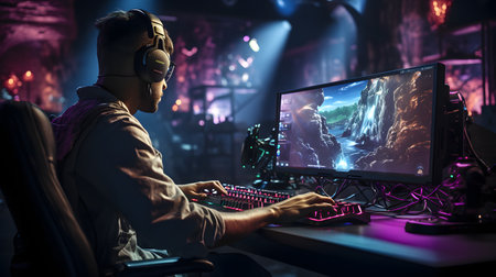 Portrait of a professional gamer in headphones playing online games on a computer.の素材