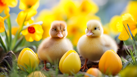Little yellow ducklings and yellow daffodils on green grassの素材