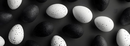 Easter eggs pattern. Black and white eggs on a black background.の素材