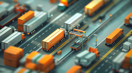 Truck with cargo on the road. 3d illustration. Top view.の素材