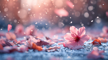 cherry blossom in spring time with falling snow, soft focusの素材