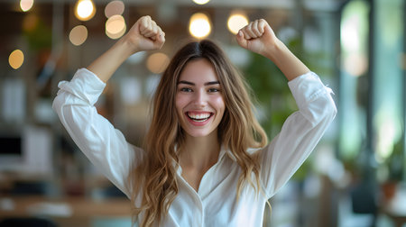 Cheerful young businesswoman celebrating success in office. Successful businesswoman.の素材