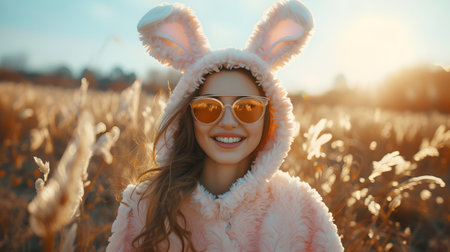 Funny bunny girl in a pink fur coat and sunglasses on the field at sunset.の素材
