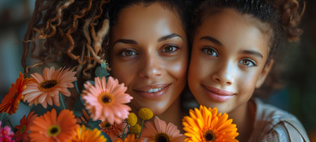 Close up portrait of african american mother and daughter with flowersの素材
