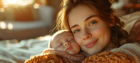 Beautiful young mother with her newborn baby on the bed at homeの素材