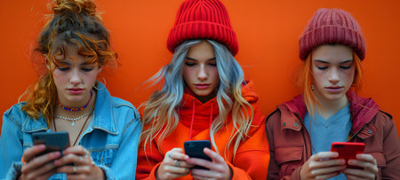 Group of beautiful young women using mobile phones on a bright orange backgroundの素材